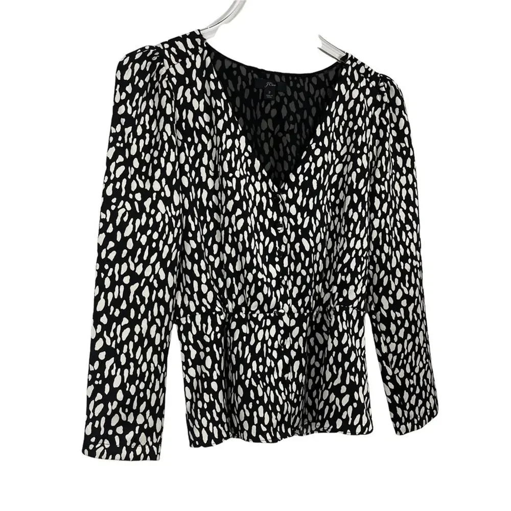 J. Crew Peplum Waist Satin Crepe Blouse Top Black White Print Size 2